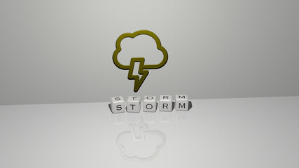 3D representation of storm with icon on the wall and text arranged by metallic cubic letters on a mirror floor for concept meaning and slideshow presentation. background and clouds