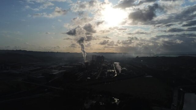 Chemical industry in Aviles, city of Asturias, Spain. Aerial Drone Footage