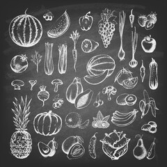 Set of fruits and collection of hand-drawn vegetables on the blackboard. Vector illustration.
