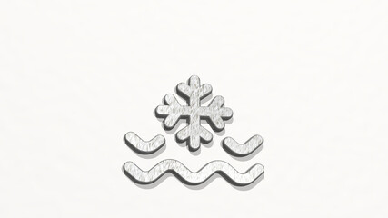 ICE WATER made by 3D illustration of a shiny metallic sculpture on a wall with light background. cold and cream