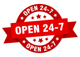 open 24 7 round ribbon isolated label. open 24 7 sign