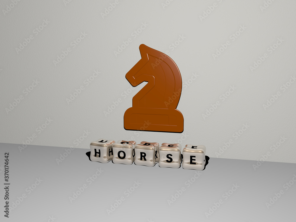 Poster 3d graphical image of horse vertically along with text built by metallic cubic letters from the top 