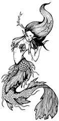 Fairytale dark creature, magic isolated character, mysterious mermaid, dweller marine with thick hair and horns, sea inhabitant with sharp ears and seaweed, with a large scaly tail and fins.
