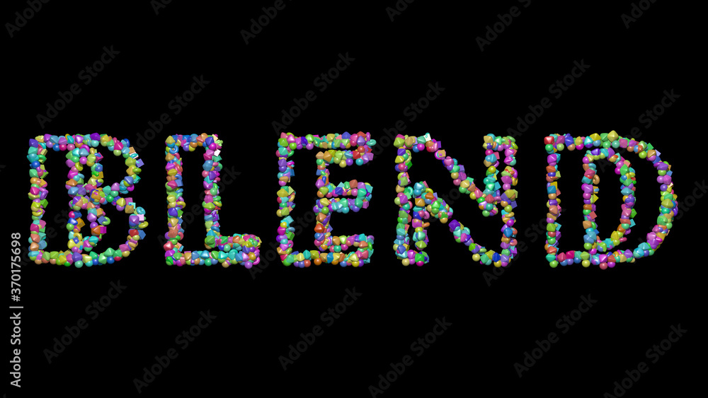 Poster blend written in 3d illustration by colorful small objects casting shadow on a black background. abs