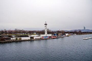 The lighthouse on the Danube Island in the Sunken City in Vienna, Austria