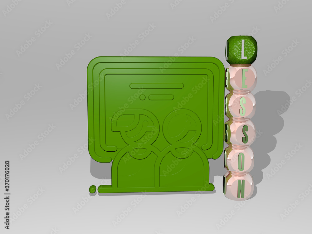 Poster 3d representation of lesson with icon on the wall and text arranged by metallic cubic letters on a m