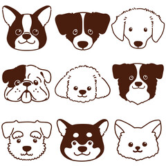 Set of various cute dog heads with outlines only