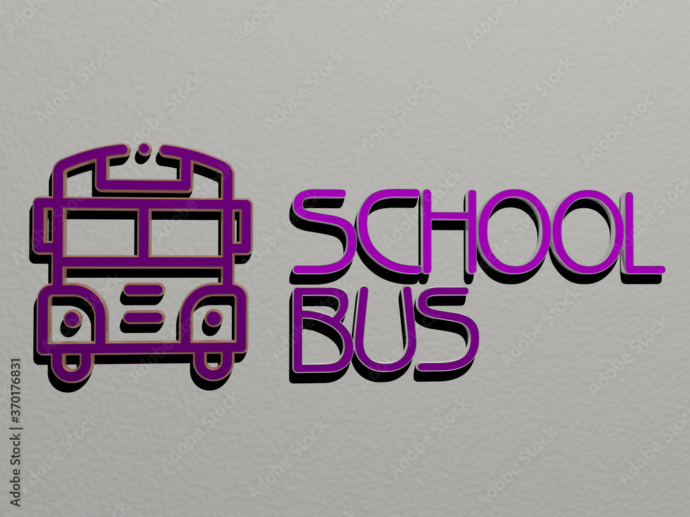 Poster 3d illustration of school bus graphics and text made by metallic dice letters for the related meanin