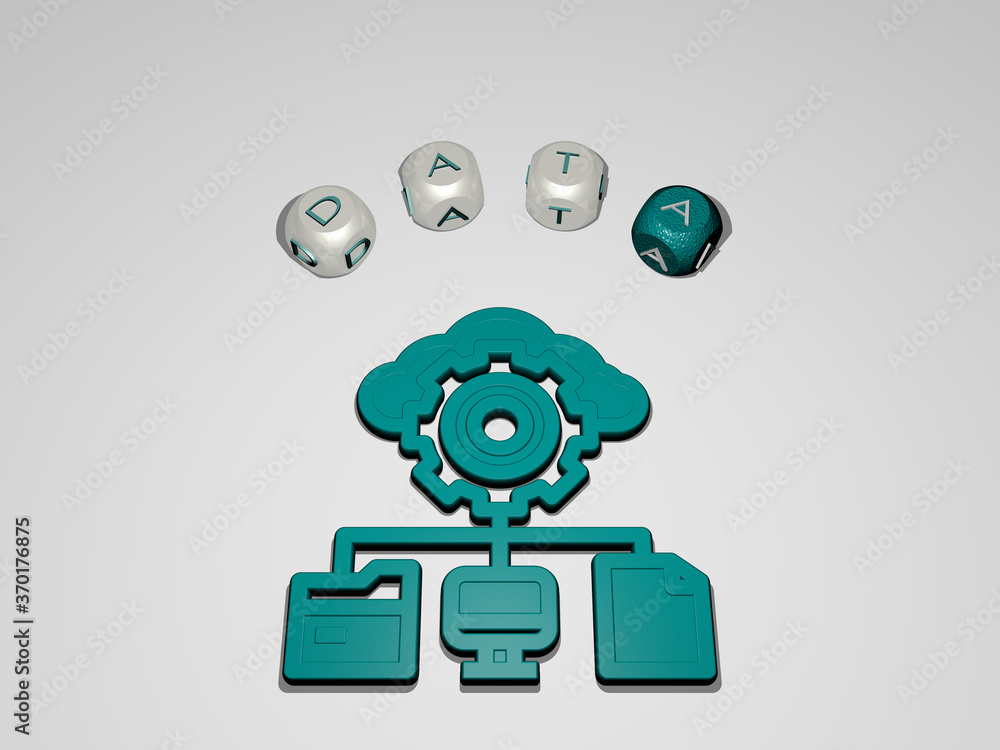Poster 3d representation of data with icon on the wall and text arranged by metallic cubic letters on a mir
