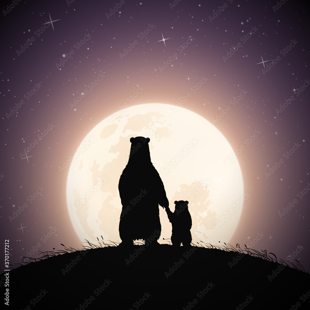 Poster mom bear and baby holding hands on moonlight night. animal family silhouette on grassy hill. full mo