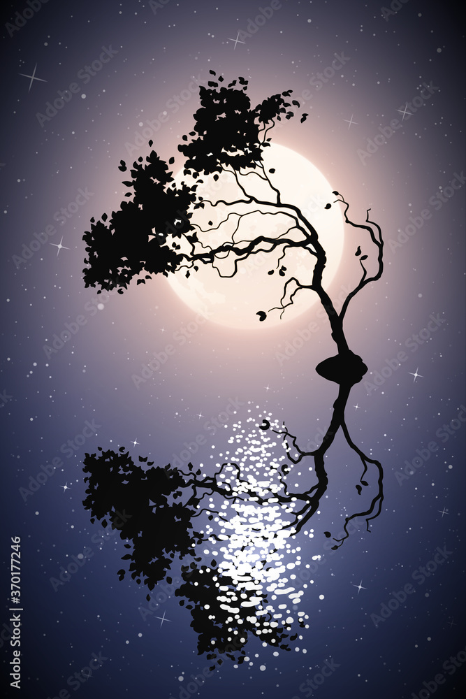 Sticker lonely tree on moonlight night. landscape with full moon in starry sky