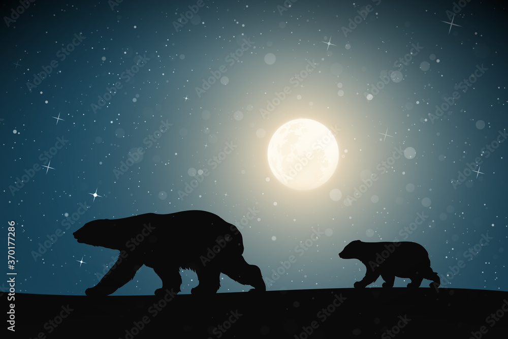 Sticker polar bears family walking in snow on moonlight night. animal mother and baby silhouettes. full moon