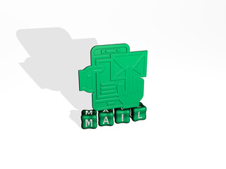 3D illustration of mail graphics and text made by metallic dice letters for the related meanings of the concept and presentations. icon and envelope