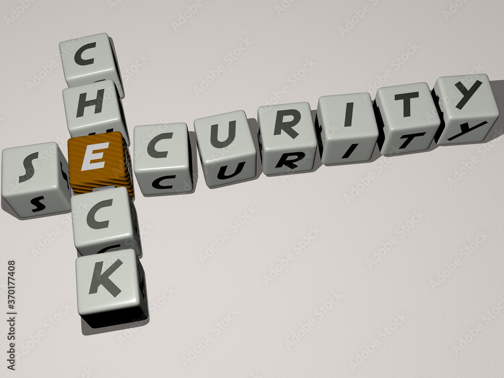 Poster security check combined by dice letters and color crossing for the related meanings of the concept. 