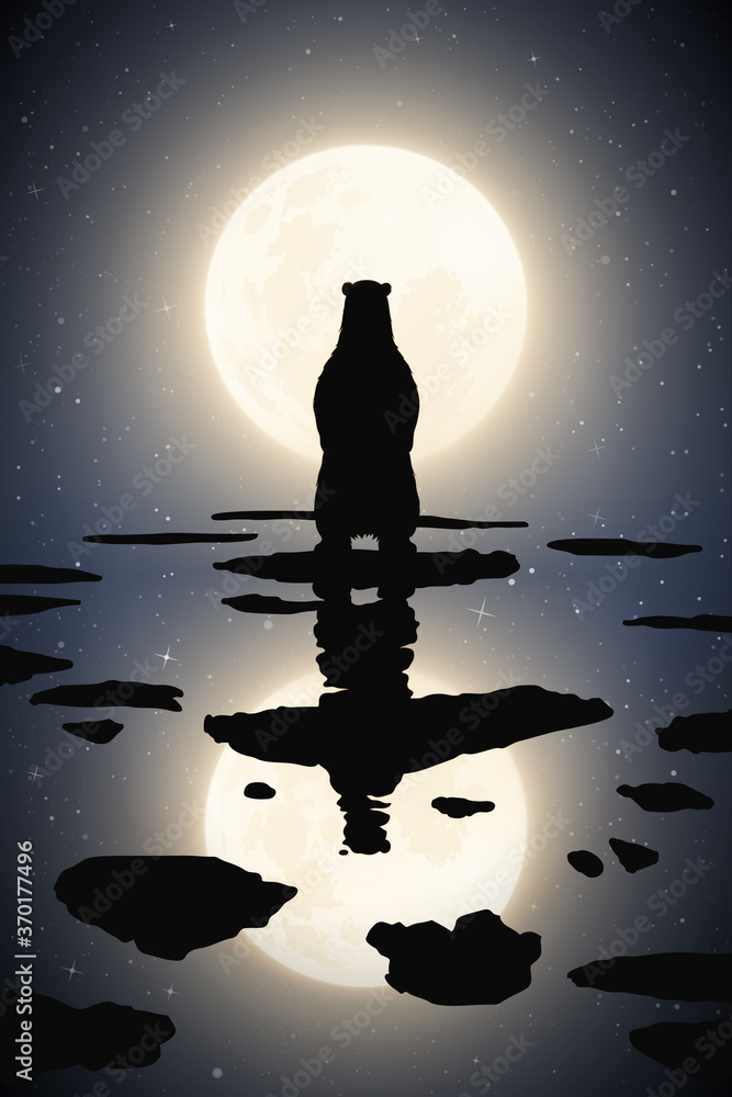 Sticker lonely polar bear on ice floe on moonlight night. arctic landscape with animal and melting ice on wa