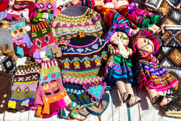 Fototapeta na wymiar Handmade souvenirs from Lake Titicaca, Peru