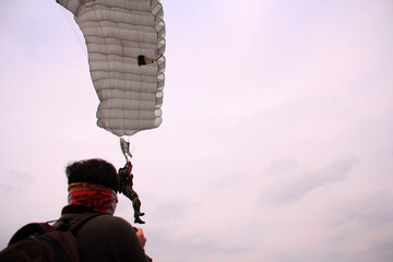 Parachuting show during the static and dynamic defense equipment exhibition, Sunday (3/12/2017). At Roesmin Nurjadin Air Base (Lanud), Pekanbaru, Riau, Indonesia.