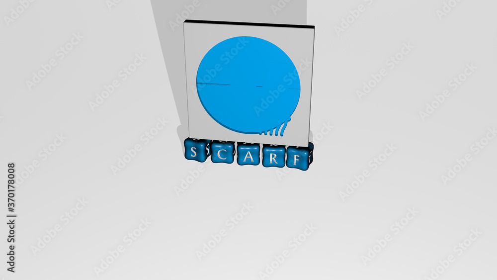 Poster 3d representation of scarf with icon on the wall and text arranged by metallic cubic letters on a mi