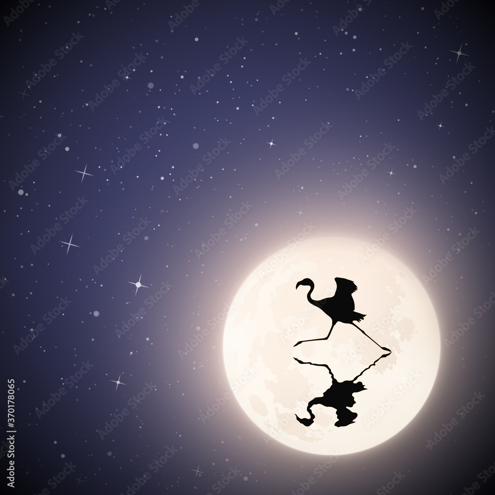 Sticker lonely flamingo running on lake on moonlight night. elegant bird silhouette reflected in water. full
