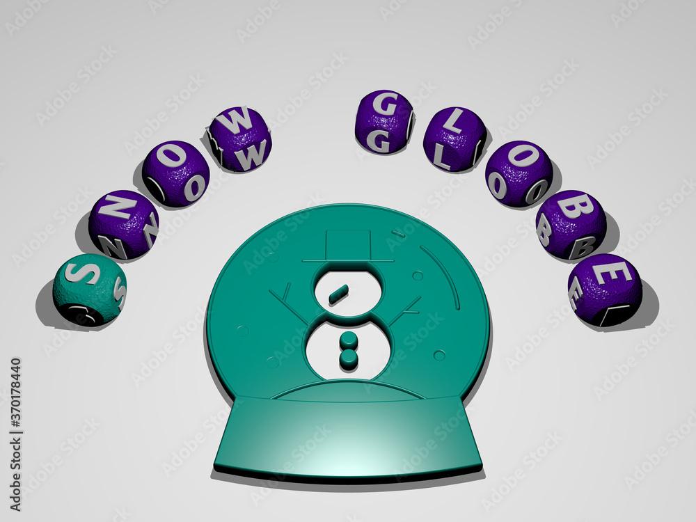 Poster 3d graphical image of snow globe vertically along with text built around the icon by metallic cubic 