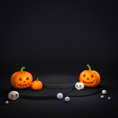 Halloween pumpkin and human skull with podium display stand on dark background 3d rendering. 3d illustration pumpkin for celebration luxury Halloween event template minimal style concept.