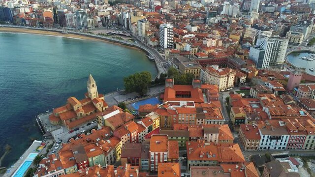 Gijon, buildings in the beautiful  coastal city of Asturias,Spain. Aerial Drone Footage