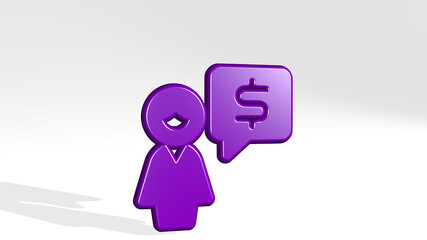 CASH USER WOMAN MESSAGE made by 3D illustration of a shiny metallic sculpture with the shadow on light background. business and money