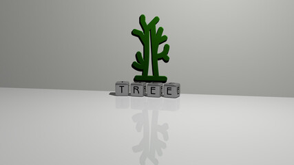 3D graphical image of TREE vertically along with text built by metallic cubic letters from the top perspective, excellent for the concept presentation and slideshows. background and christmas