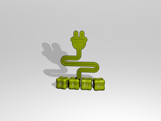 3D representation of PLUG with icon on the wall and text arranged by metallic cubic letters on a mirror floor for concept meaning and slideshow presentation. illustration and electric
