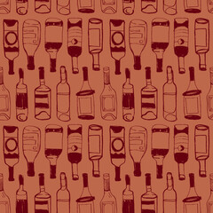 Wine seamless pattern with vector bottle linear Illustrations for restaurant banner design, bar sign, local wine events with wine bottles with line art icons. Wine house background. Alcohol backdrop.