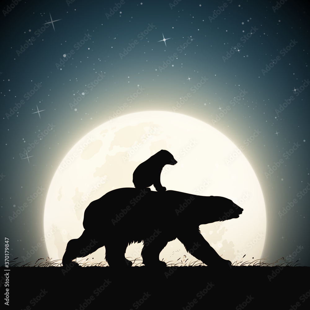 Wall mural bears family. animal mother and baby silhouette. moon in starry night