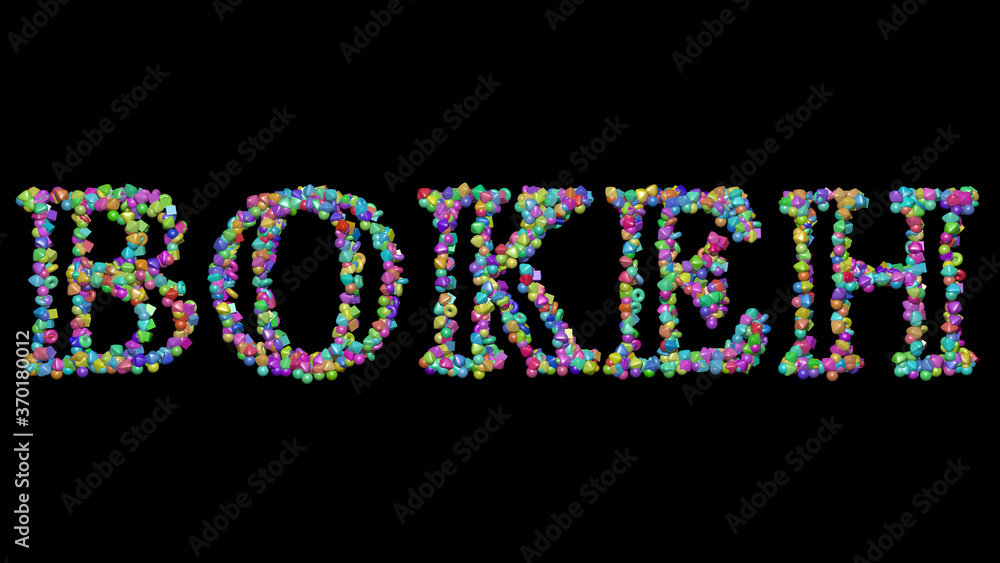 Poster bokeh: 3d illustration of the text made of small objects over a black background with shadows. abstr