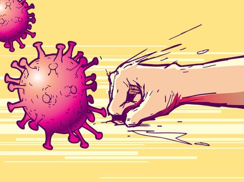 Hand punch fighting a virus, novel coronavirus, COVID-19, vector illustration.