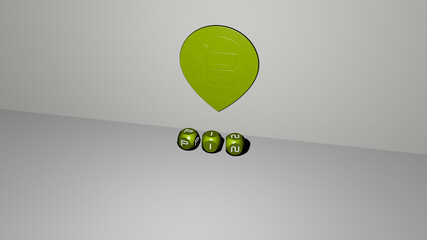 3D representation of PIN with icon on the wall and text arranged by metallic cubic letters on a mirror floor for concept meaning and slideshow presentation. illustration and map