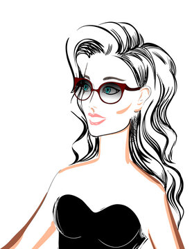 The Portrait of a Young Blonde Woman. A Beautiful Girl with Fashion Hairstyle and Cat-Eye Sunglasses. Lady with a Haircut and Glasses. Vector Illustration. Freehand Drawing. A Beauty Cartoon Face.  