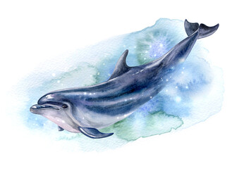 Dolphin with abstract ocean, sea isolated on white background. Watercolor. Illustration. Template. Hand drawn. Greeting card design. Clip art. © Yuliia
