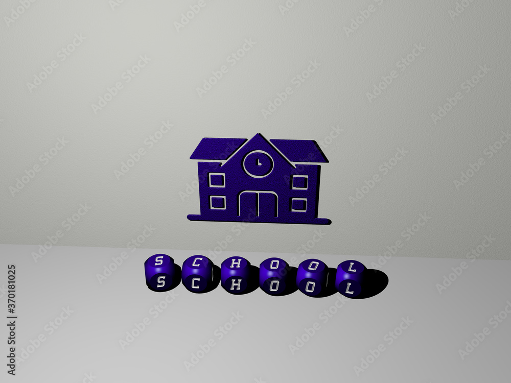 Poster 3d graphical image of school vertically along with text built by metallic cubic letters from the top