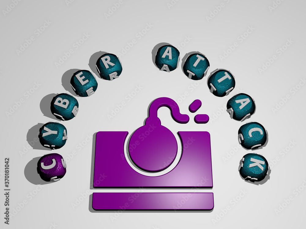 Poster 3d representation of cyber attack with icon on the wall and text arranged by metallic cubic letters 