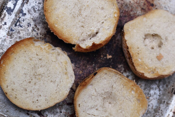 Toasted halves of bread rolls