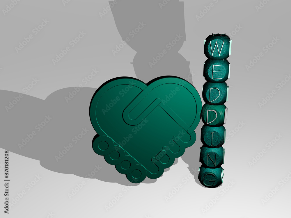 Poster 3d representation of wedding with icon on the wall and text arranged by metallic cubic letters on a 