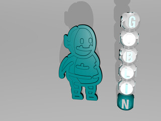 3D illustration of GOBLIN graphics and text around the icon made by metallic dice letters for the related meanings of the concept and presentations. cartoon and character