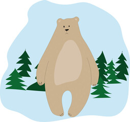 Cute bear in the winter forest. Cute illustration for kids.