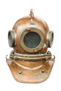 Copper diving helmet isolated on white close up