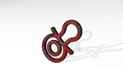 baby care pacifier made by 3D illustration of a shiny metallic sculpture casting shadow on light background. cute and child
