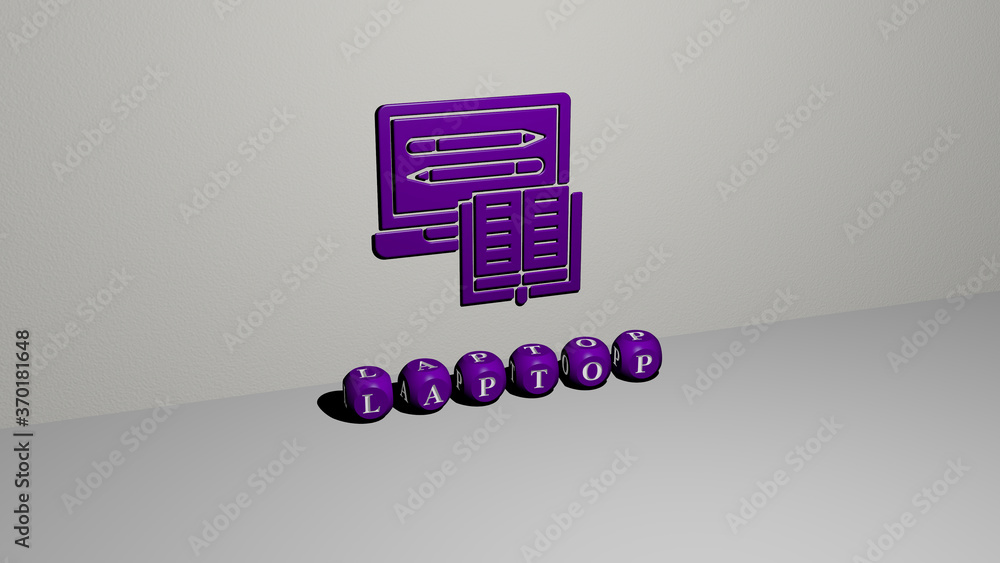 Poster 3d graphical image of laptop vertically along with text built by metallic cubic letters from the top