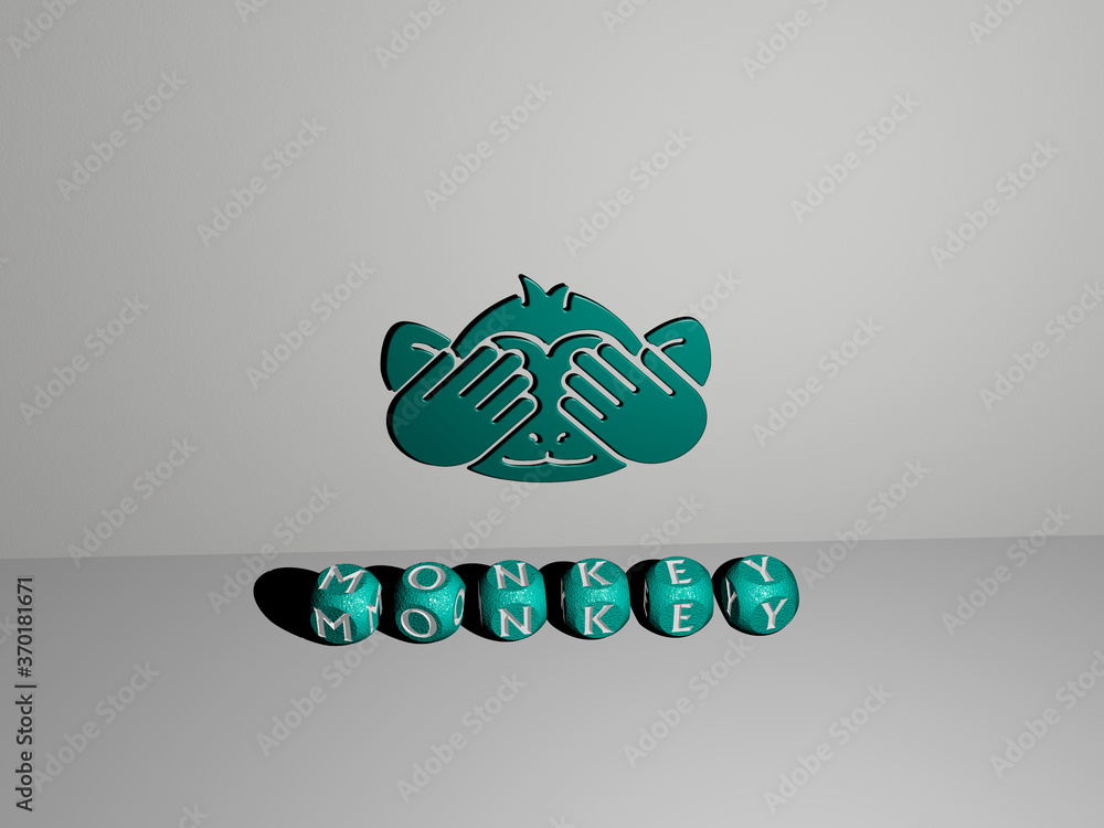 Poster 3d representation of monkey with icon on the wall and text arranged by metallic cubic letters on a m