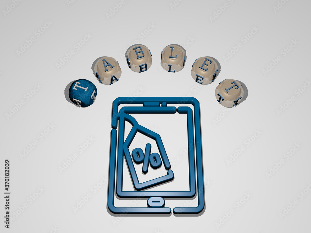Fototapete 3d illustration of tablet graphics and text around the icon made by metallic dice letters for the re