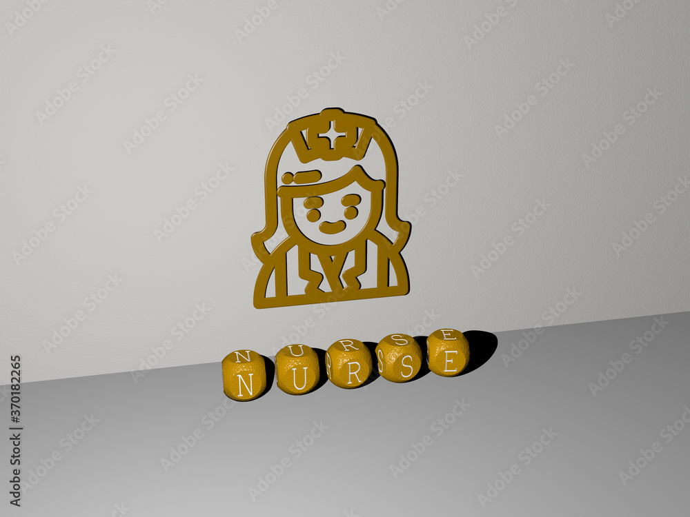 Poster 3d graphical image of nurse vertically along with text built by metallic cubic letters from the top 