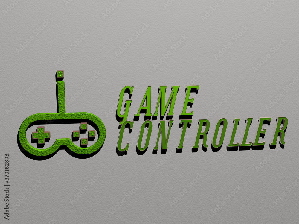 Poster 3d graphical image of game controller vertically along with text built by metallic cubic letters fro
