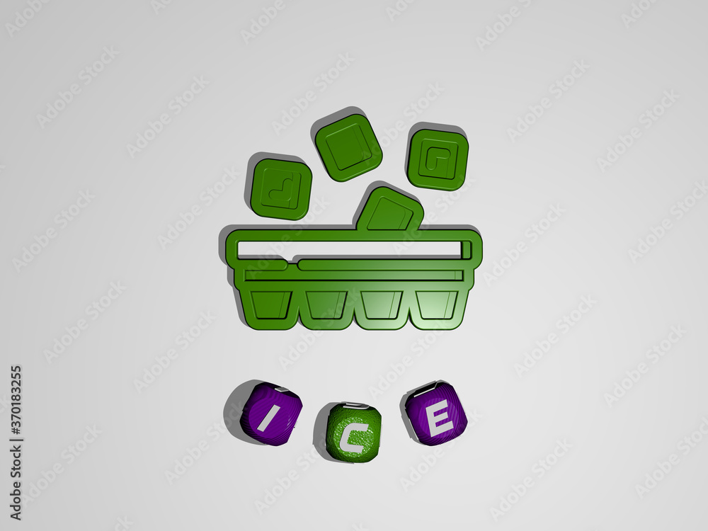 Poster 3d representation of ice with icon on the wall and text arranged by metallic cubic letters on a mirr